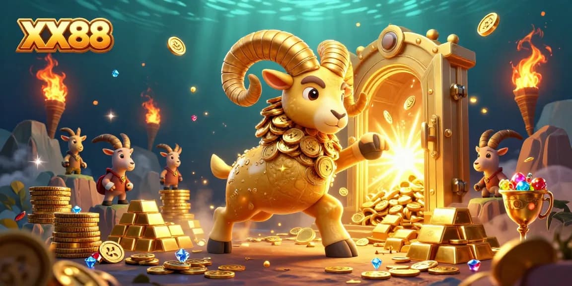 Experience the thrilling adventure of XX88 with a dynamic illustration featuring a golden ram charging through a treasure vault.