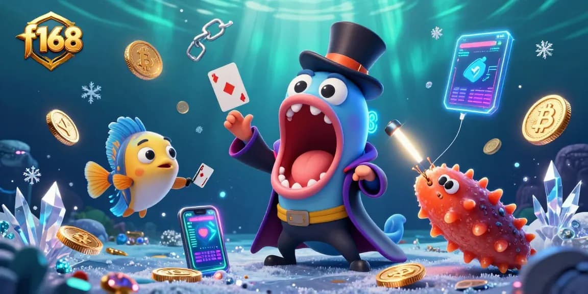 Engage in thrilling gambling with f168, as the bioluminescent eel showcases magic tricks amidst crypto coins.