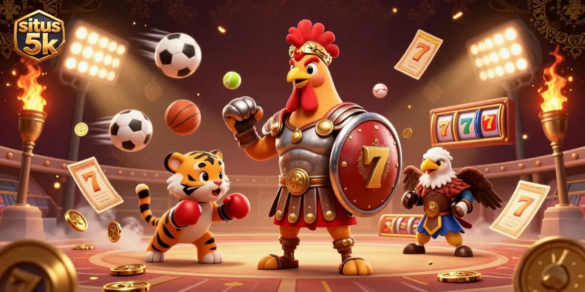 Situs 5k features a dynamic scene of a cartoon gladiator rooster amid slot reels and sports elements, showcasing exciting gambling action.