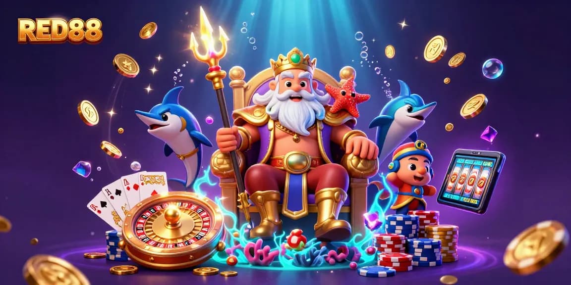 Experience thrilling moments at RED88, featuring a dynamic underwater casino scene with Neptune and shimmering slots.
