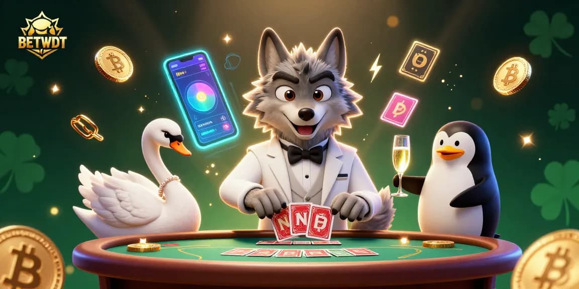 Engage with BETBDT as the debonair wolf deals on a baccarat table, surrounded by crypto excitement.