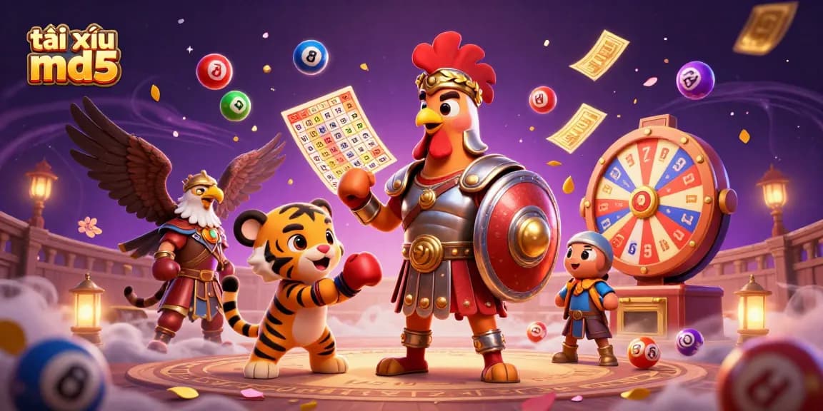 Engage with the thrilling world of tài xỉu md5 as colorful lottery elements surround a gladiator rooster and sparring tiger cub.
