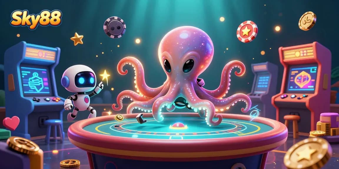 Engage with Sky88, the vibrant alien octopus navigating an exciting poker galaxy.
