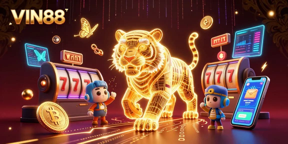 Experience the thrilling world of VIN88 with a neon-wireframe golden tiger in a rich casino landscape.