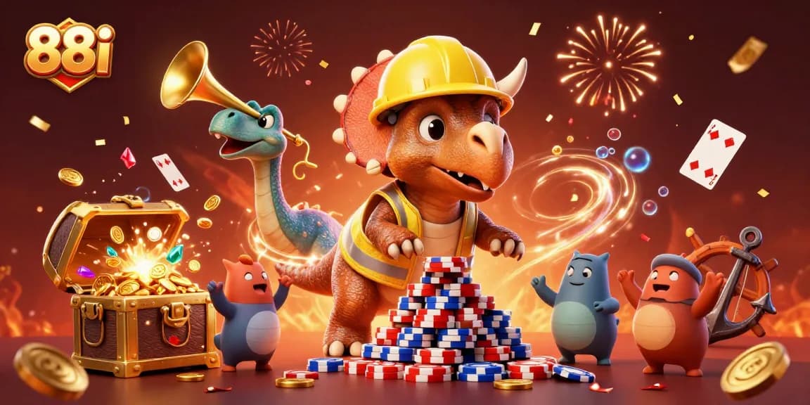 Celebrate with 88i as a triceratops builds poker chip pyramids amidst vibrant casino action.