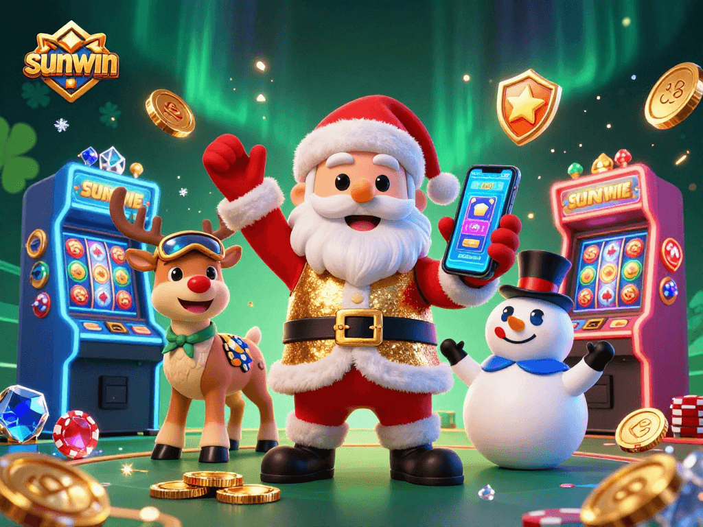 Win big with sunwin in a vibrant 3D casino scene filled with festive characters and game elements.