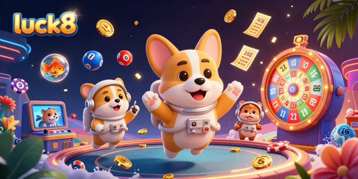 Engage in immersive gaming fun at luck8 with a vibrant space casino theme featuring corgi astronauts.