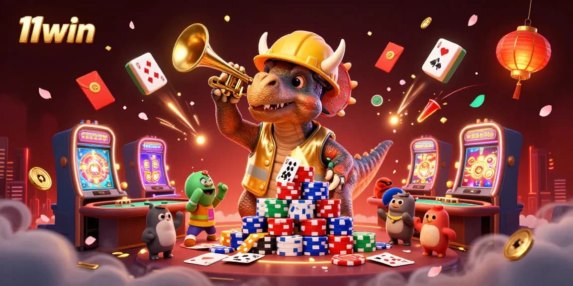 11win showcases a vibrant casino scene with characters celebrating and interactive game elements.