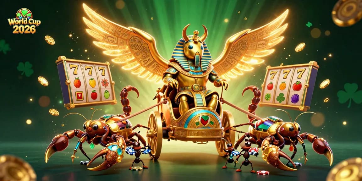 Experience World Cup 2026 with a golden scarab and scorpions in a thrilling casino scene.