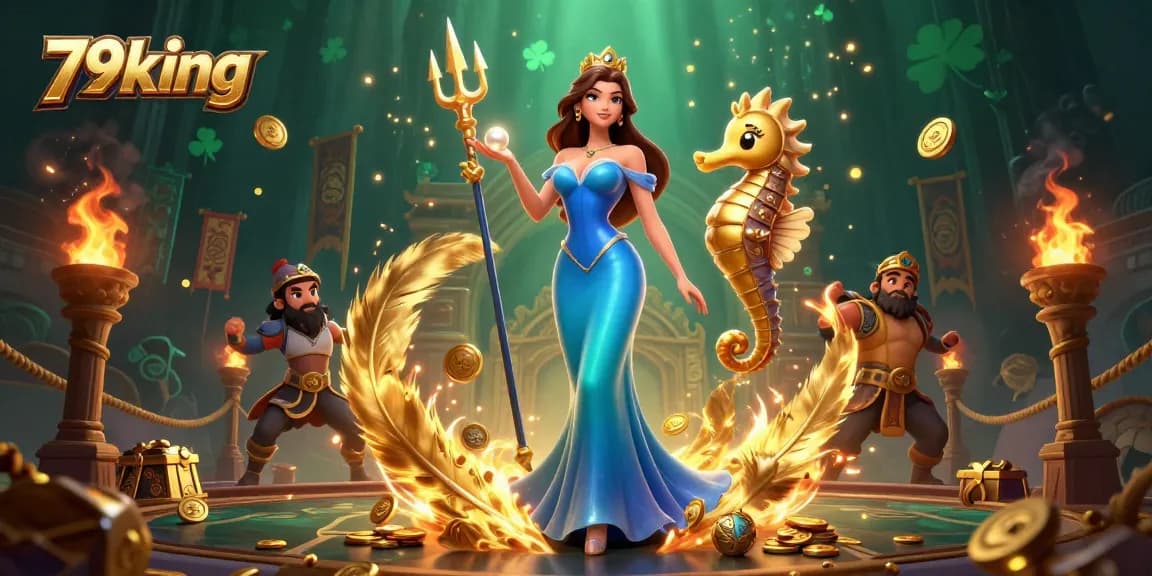 Experience the thrill of 79king with a vibrant underwater casino scene, showcasing a mystical woman and a seahorse king.