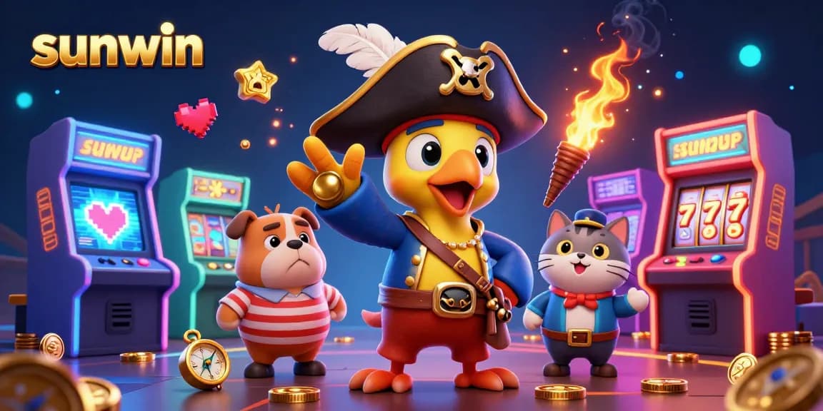 Engage with sunwin in this lively casino scene featuring a pirate captain and vibrant gaming elements.