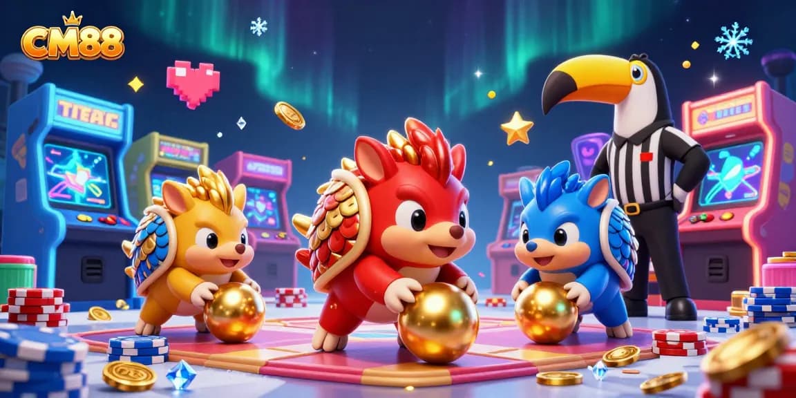 CM88 pangolins competing in a vibrant casino scene featuring poker chips and arcade machines.