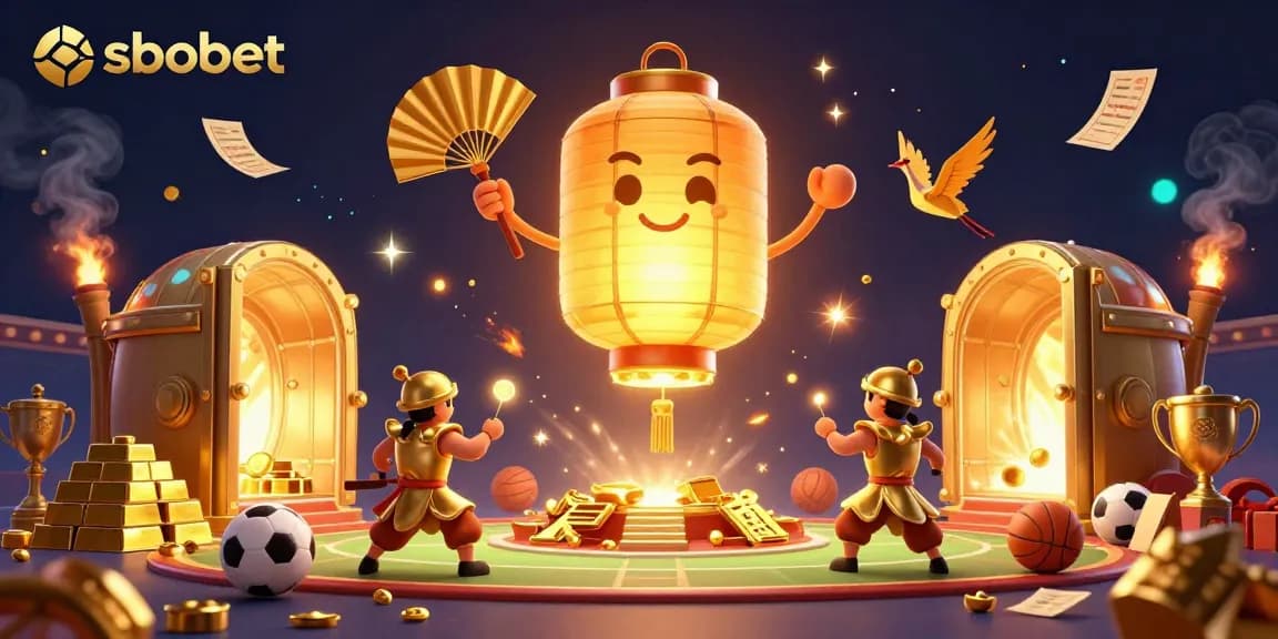 Engage in sbobet sports betting with vibrant gold-themed spirits illuminating a treasure-filled arena.