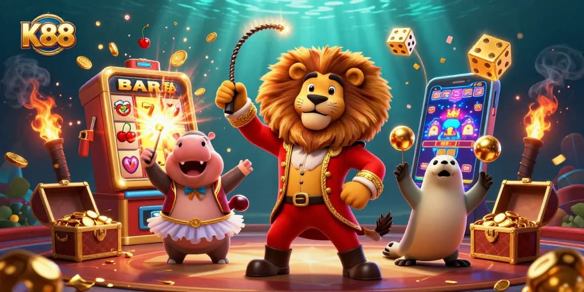 K88 offers a thrilling casino experience with dazzling characters in a vibrant, action-packed scene.