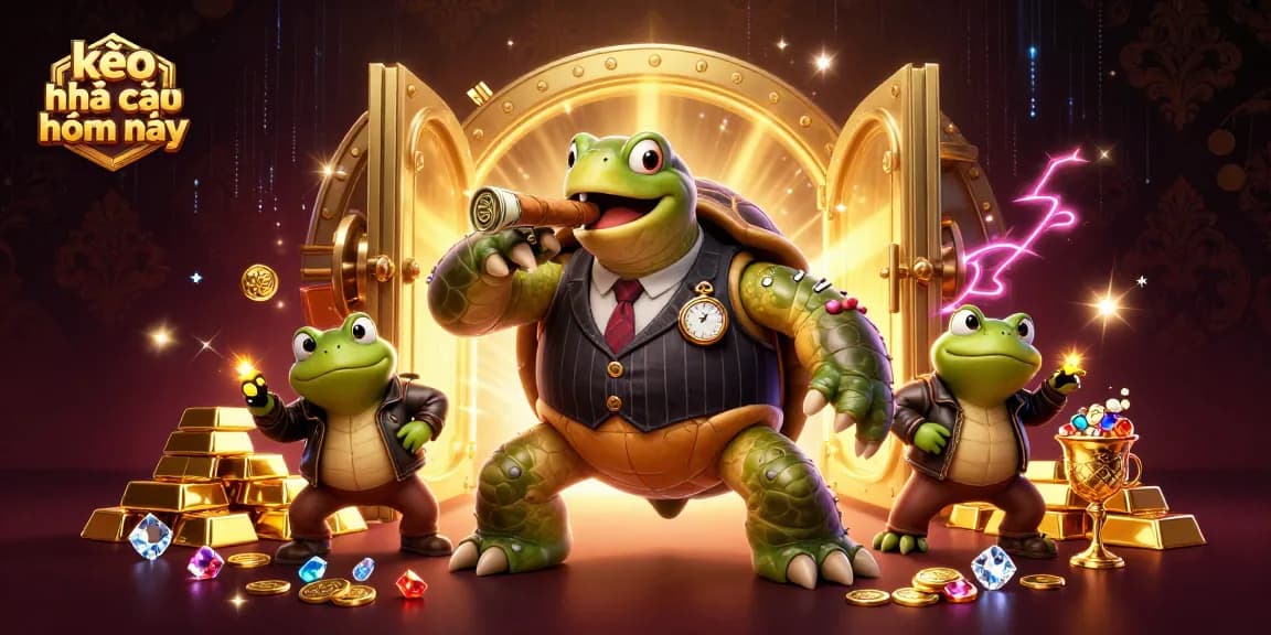 Experience the excitement of kèo nhà cái hôm nay with a dynamic casino scene featuring cartoon characters and treasures.