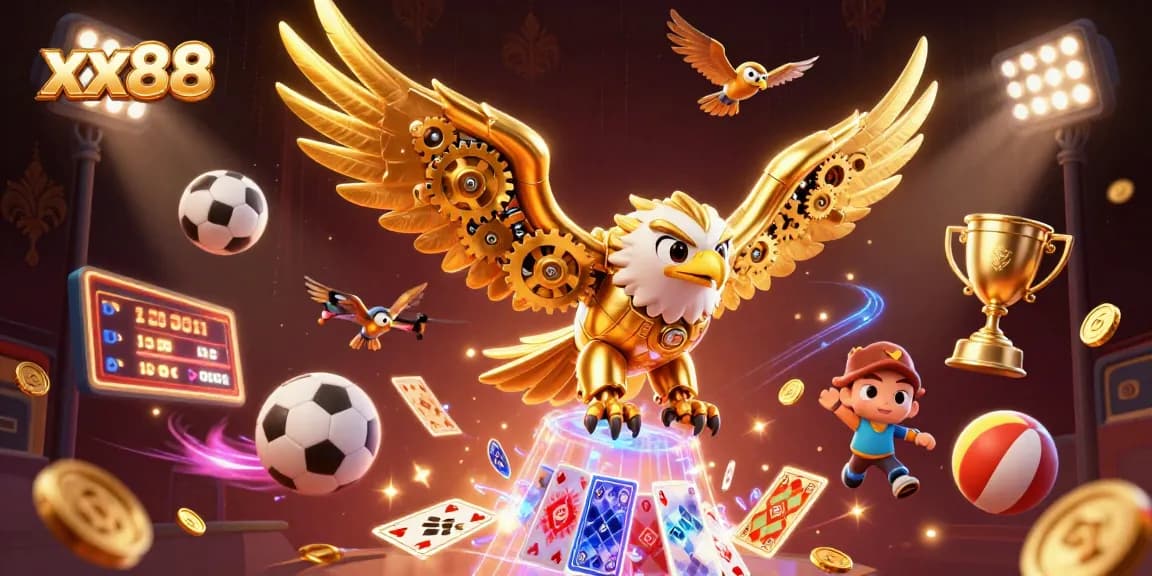 Engage in thrilling gameplay at xx88, with golden eagle diving through holographic cards and sports elements.