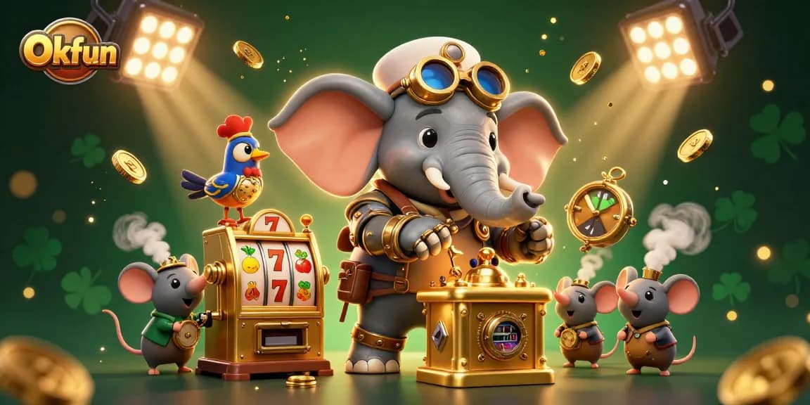 Engage with Okfun's vibrant slot machine scene showcasing exciting 3D steampunk characters and colorful elements.