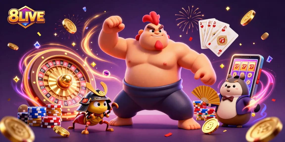 Engage with 8LIVE through an electrifying casino scene showcasing a dynamic rooster sumo wrestler and samurai cricket.