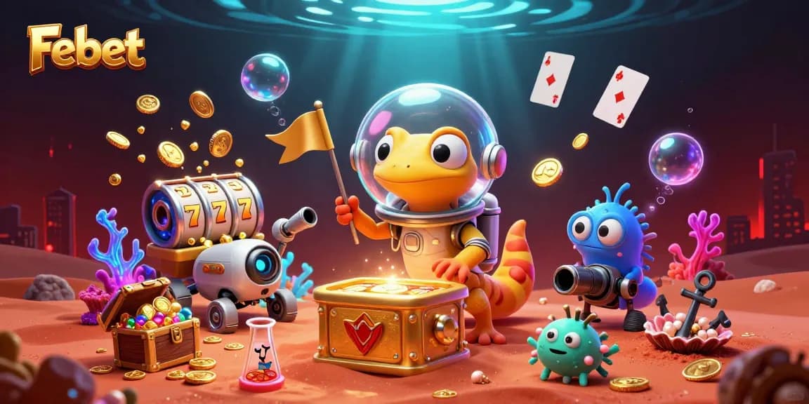Febet Martian gecko uncovers a hidden casino with vibrant gambling elements around.