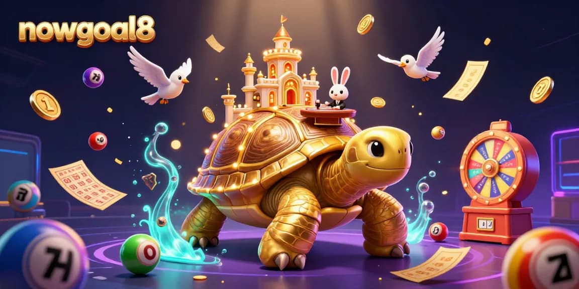 Engage with nowgoal8's dynamic casino scene featuring a golden tortoise casino, excited players, and vibrant gaming elements.