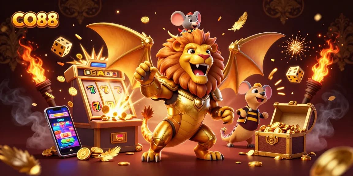 Experience the thrill of CO88 in this vibrant casino scene featuring a majestic chimera character and dynamic game elements.
