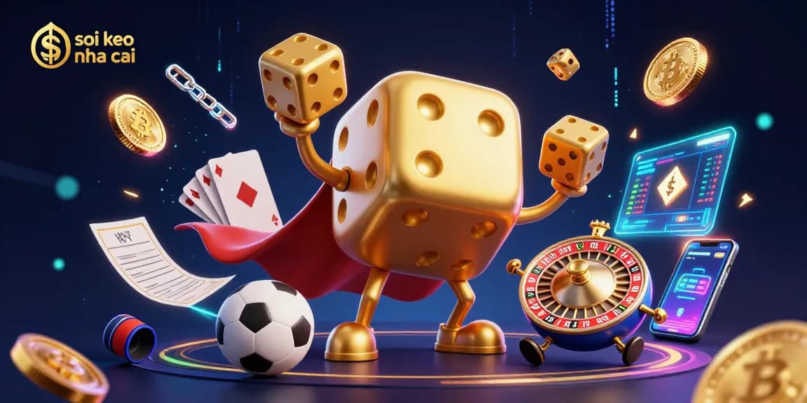 Engage in strategic betting with soi keo nha cai as 3D golden dice interact in a vibrant sports-themed illustration.
