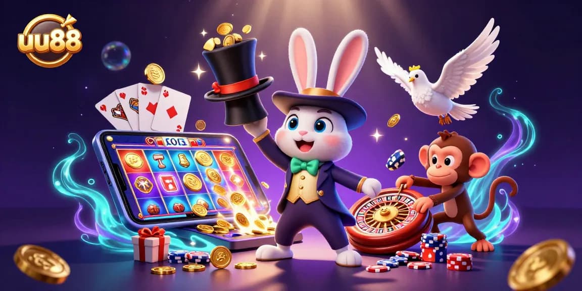 Play Games on uu88 with a magical rabbit, dove, and monkey in a vibrant casino scene.