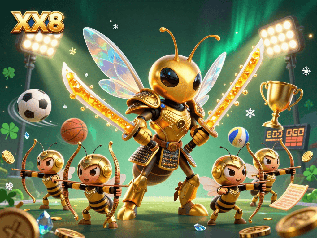 Experience the excitement of XX8 with a dynamic scene featuring a golden hornet and sports-themed action.