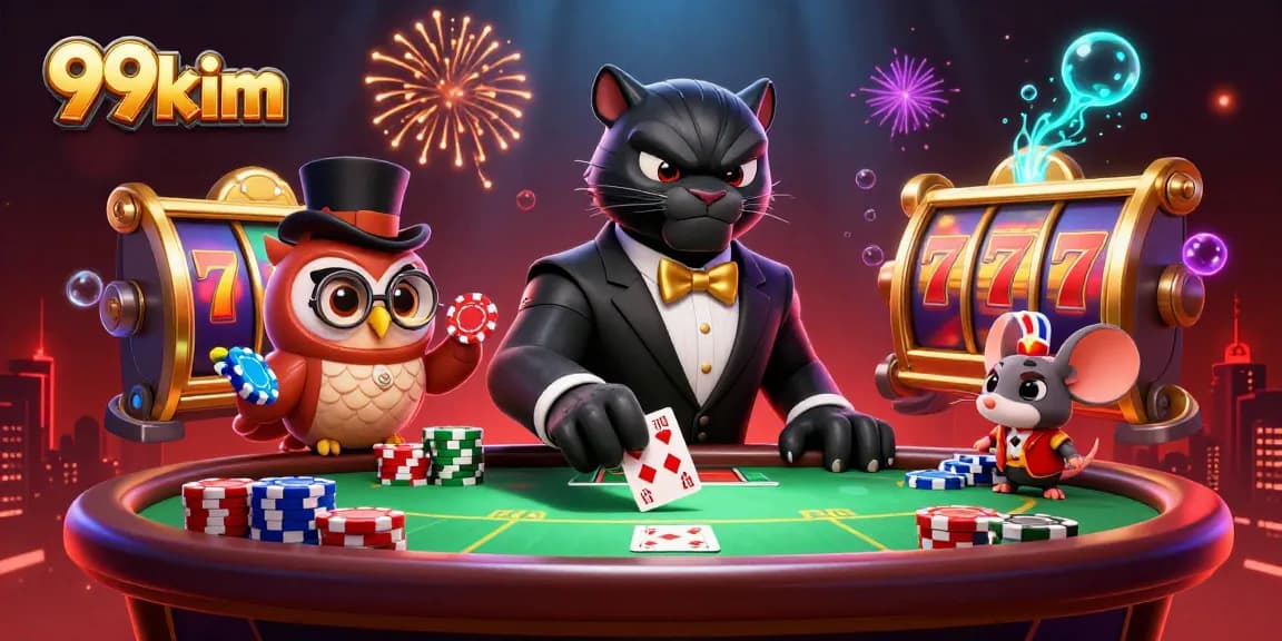 Experience thrilling games at 99kim with lively card dealing and poker chips amidst festive decorations.