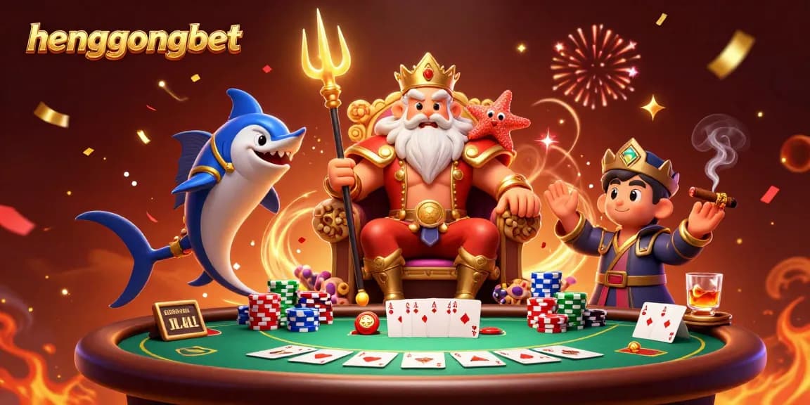 Engage with hengongbet's vibrant casino atmosphere featuring Neptune, poker elements, and festive energy.