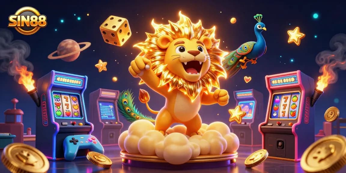 SIN88 showcases vibrant gambling excitement through a roaring sun lion and dynamic gaming elements.