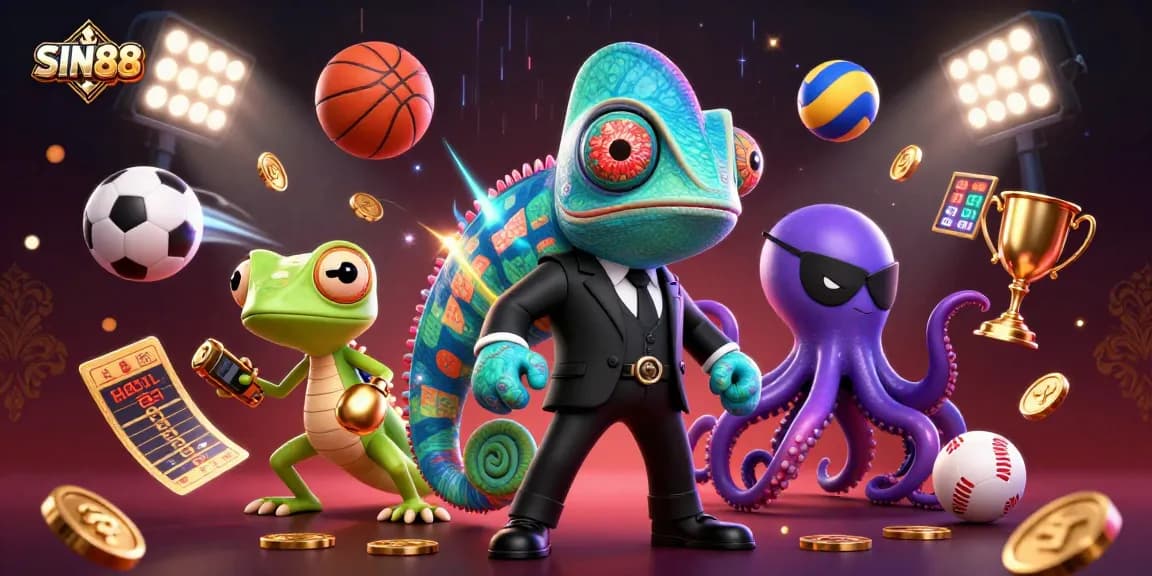 SIN88 sport betting excitement featuring a colorful chameleon agent and high-tech companions