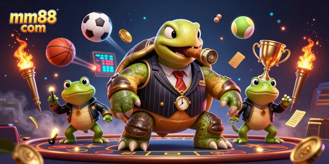 Bet on mm88 com in an energetic scene with a turtle and bullfrog enforcers, showcasing vibrant gambling elements.