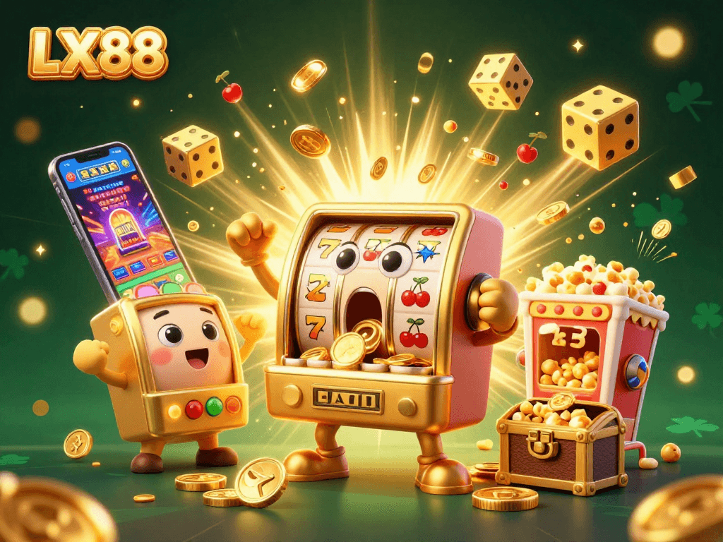 Experience the excitement of LX88's golden slot machine hitting jackpots surrounded by coins and cheering fans.
