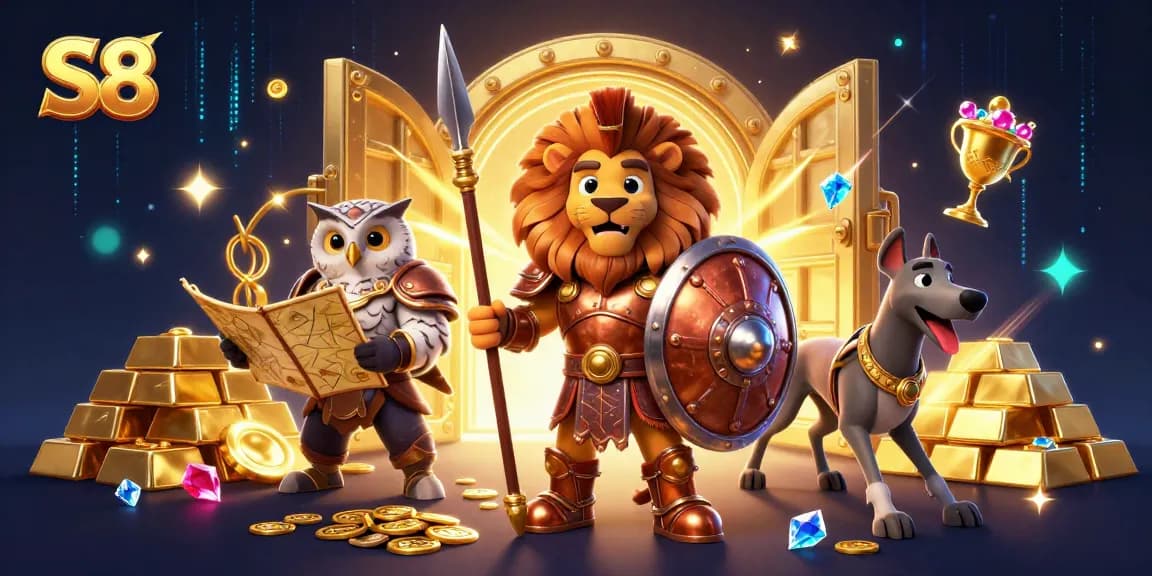 S8 showcases players navigating a rich, vibrant casino, illuminated by treasures and digital energy.