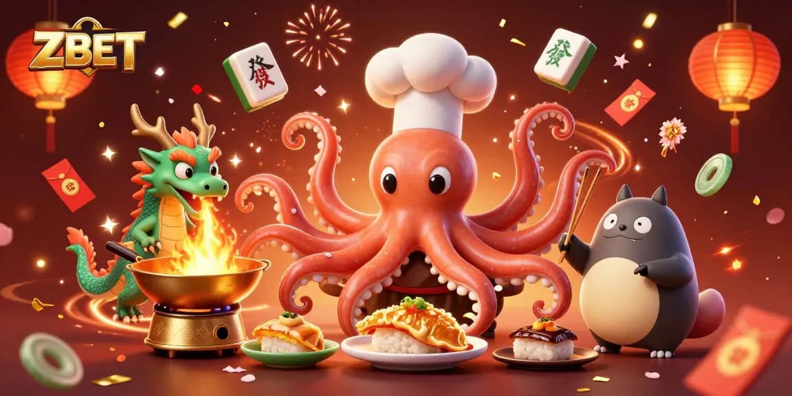 ZBET shimmers with excitement as the octopus chef, dragon, and tanuki create vibrant casino magic.