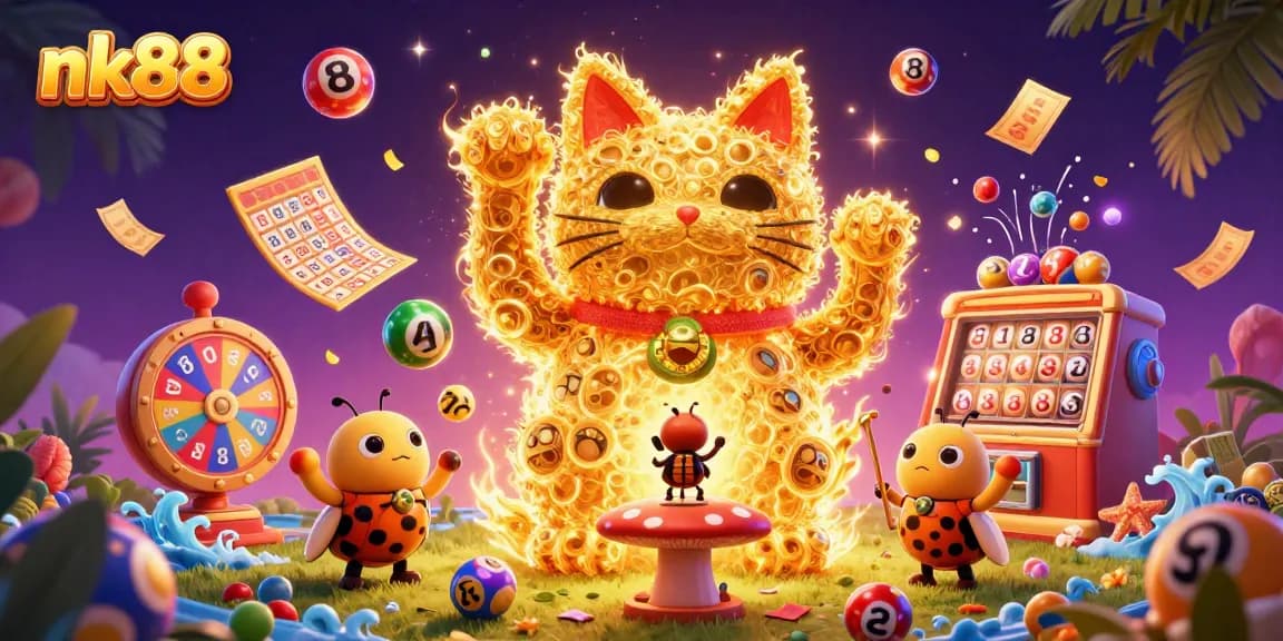 Engage in lottery excitement with nk88, featuring a dynamic scene of colorful lottery balls and a lucky cat.