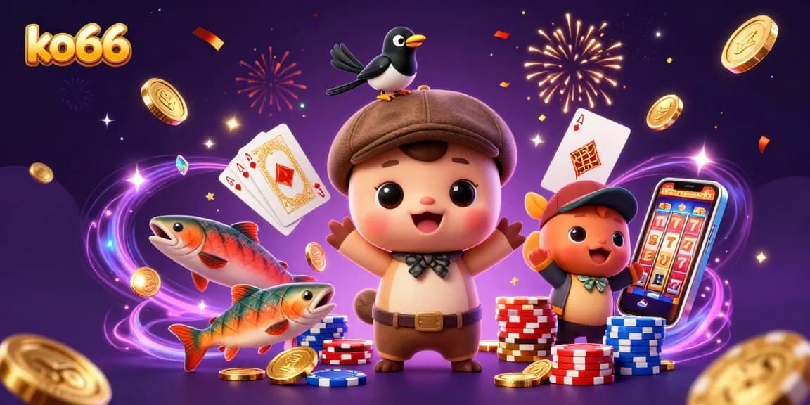 Win big with ko66 in a vibrant casino scene featuring flying coins and magical elements.