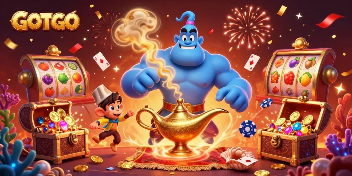 Terlibat dengan suasana kasino dinamis GOTOTO yang menampilkan jin, harta karun, kartu poker, dan elemen kasino yang meriah.