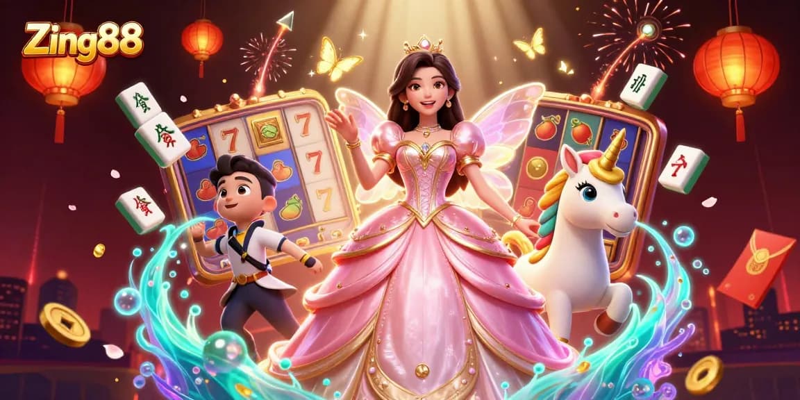 Zing88 brings excitement to gameplay with a magical scene of slot game action featuring vibrant characters and decorations.