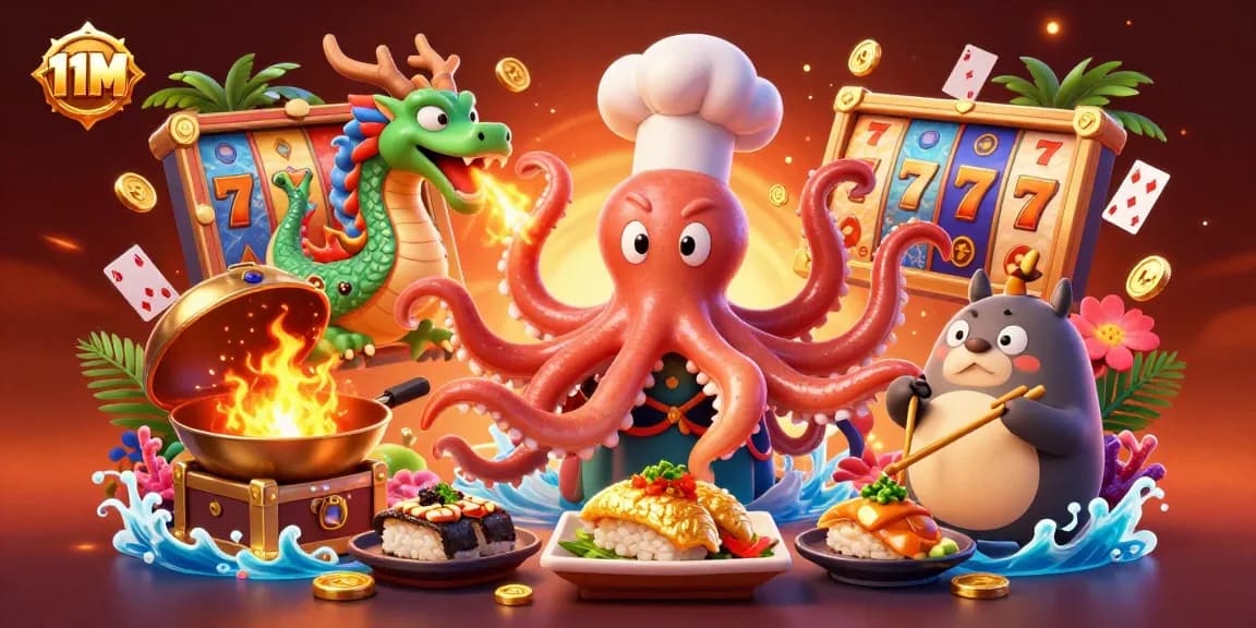 Experience thrilling gaming with 11M's dynamic casino scene featuring vibrant characters and rich elements.