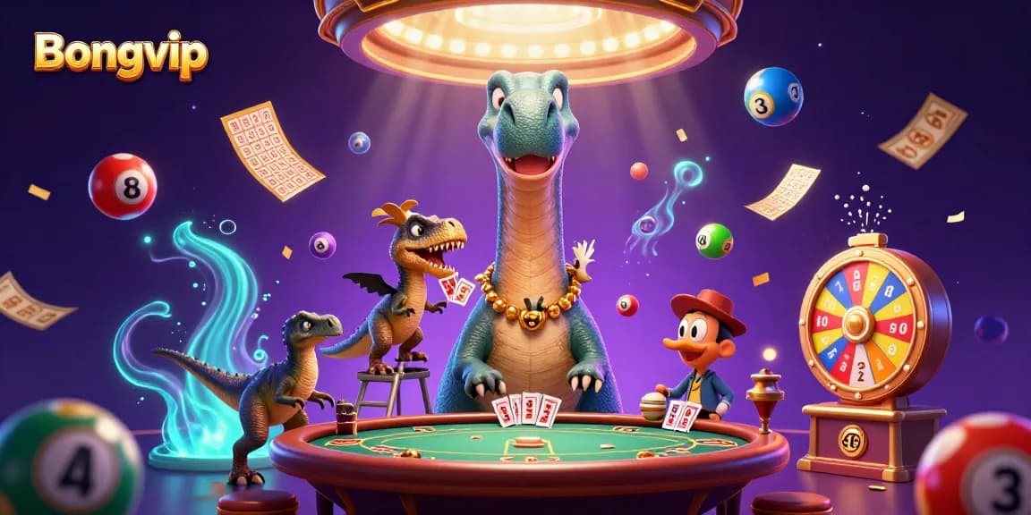Bongvip captivates with a vibrant casino scene featuring a brontosaurus and clever raptor amidst dynamic gaming elements.