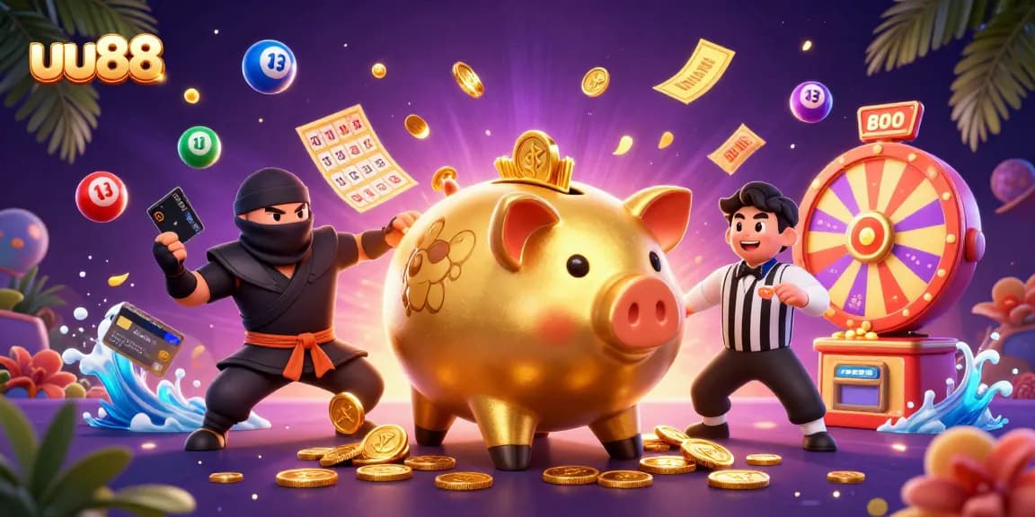 uu88 captivates with a lively scene featuring a golden piggy bank sumo wrestler amidst a celebration of gaming elements.
