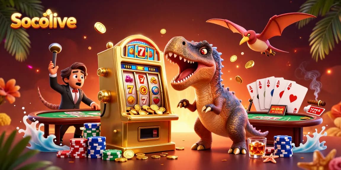 Socolive showcases a dynamic 3D scene of a cartoon dinosaur interacting with casino elements, capturing the excitement of gaming.