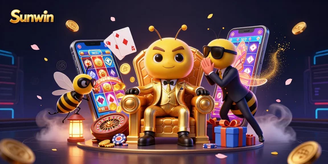 Experience thrilling games at Sunwin with a dynamic casino illustration featuring a busy scene with vibrant slot games.