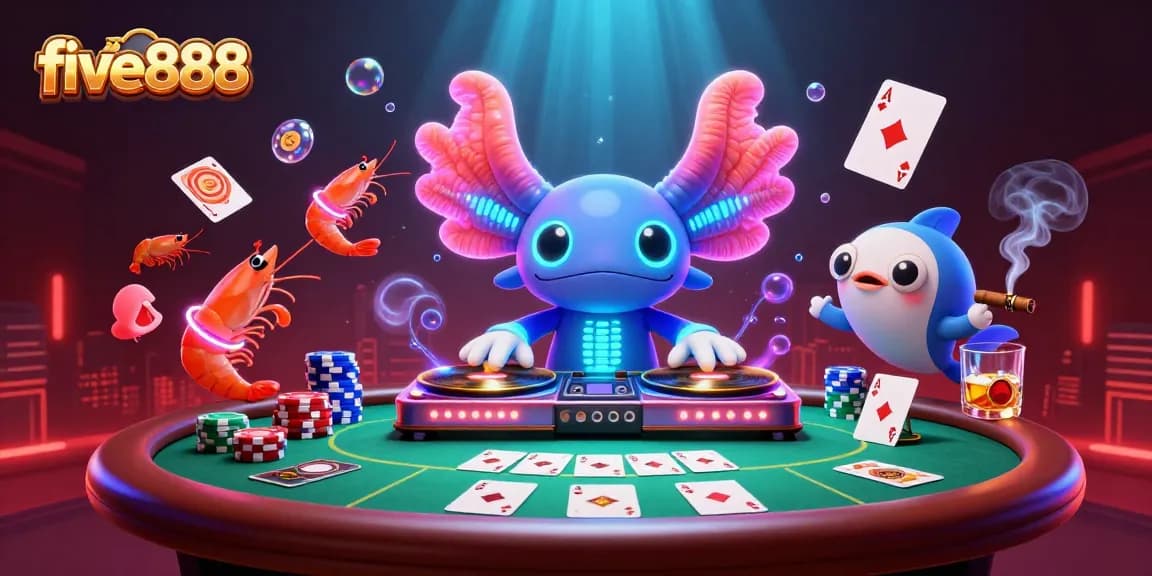 Engage with five888 through vibrant casino action featuring a neon axolotl DJ.