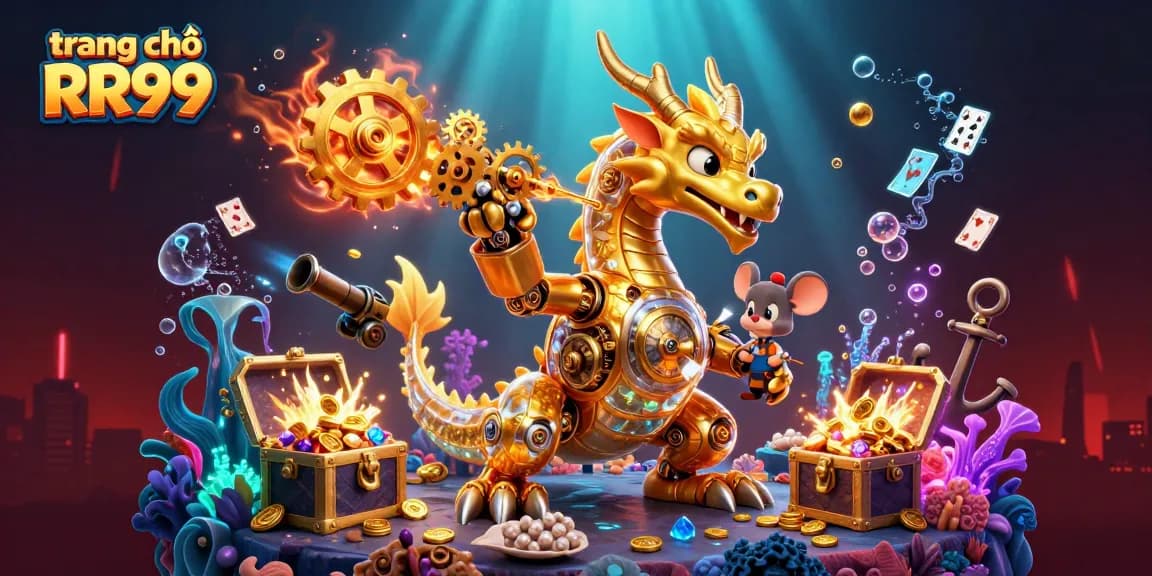 Experience the thrill of gaming at trang chủ RR99 with vibrant illustrations of golden dragons and underwater treasures.