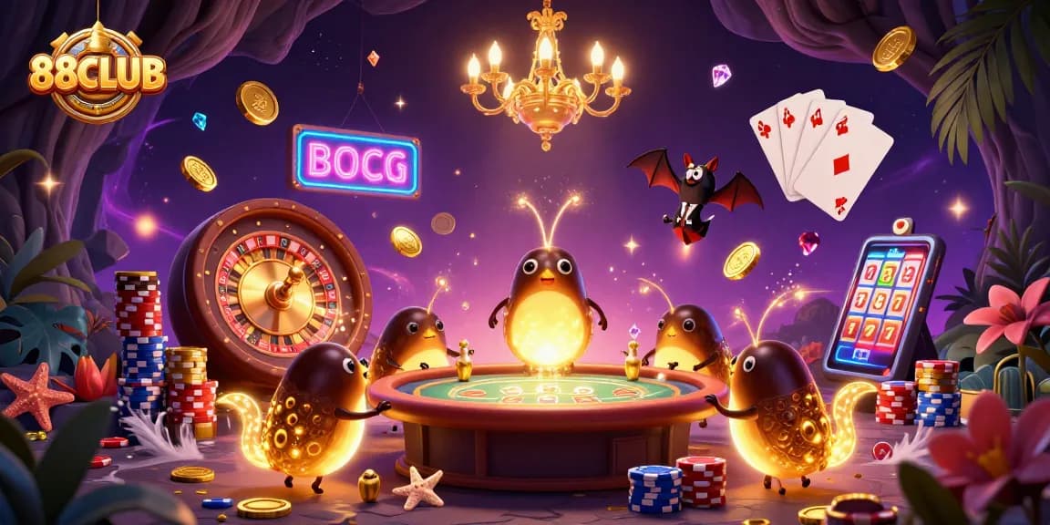 Experience the excitement of 88CLUB with vibrant glowworms and casino gaming elements
