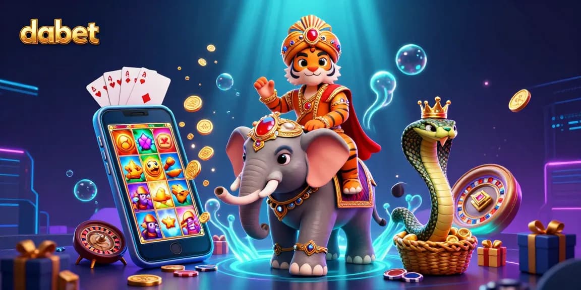 Dabet showcases an ultra-detailed 3D scene with a cartoon maharaja, elephant, animated slots, and vibrant casino elements.