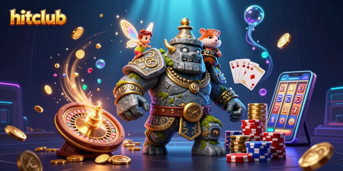 Hitclub showcases a vibrant 3D digital casino scene filled with sparkling treasures and animated characters.
